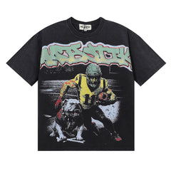 MAJESTIK Football Player Hound Graphic T-Shirt Unisex Acid Wash Black Y2K Cyber Athletic Dual-Sided Oversized Streetwear Short Sleeve Top