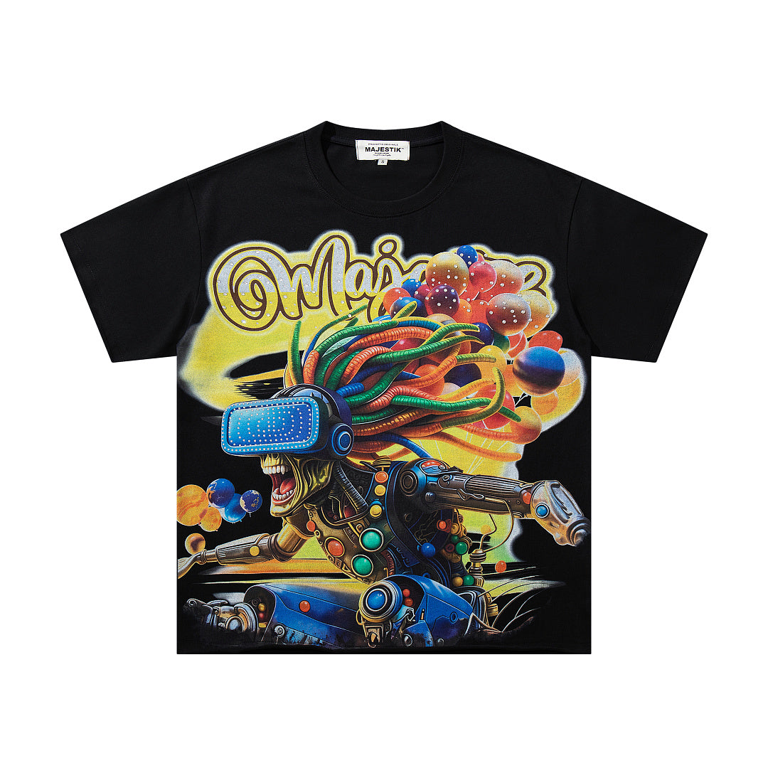 MAJESTIK Cyber VR Graphic T-Shirt Unisex Black Y2K Futuristic Gamer Oversized Streetwear Short Sleeve Top