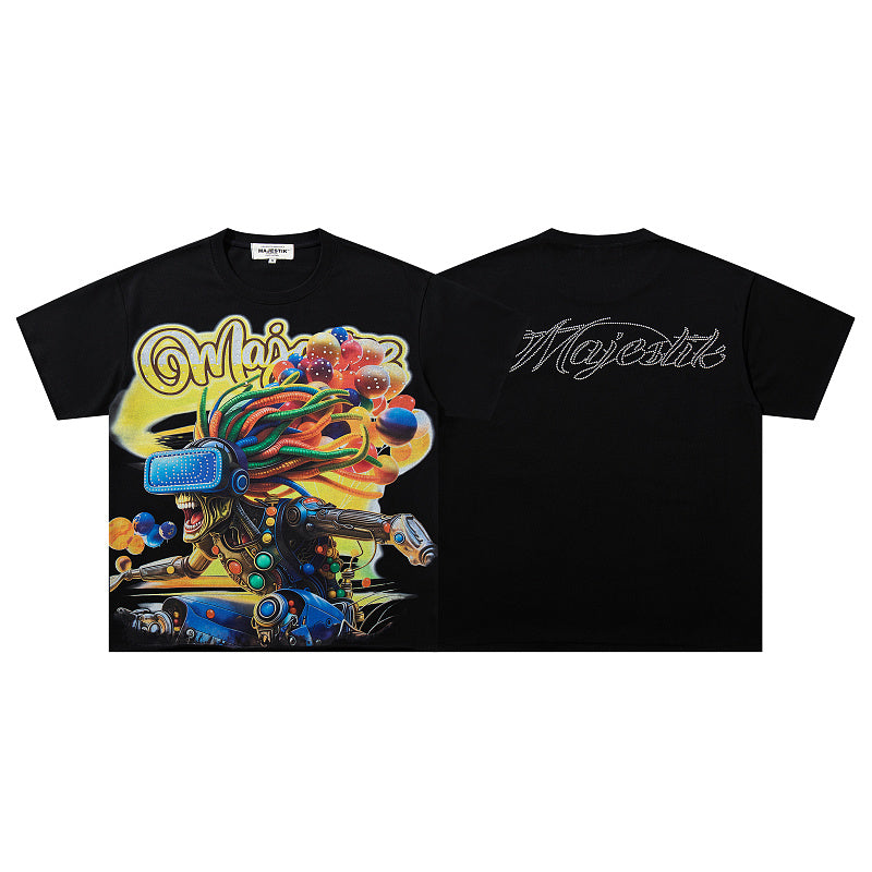 MAJESTIK Cyber VR Graphic T-Shirt Unisex Black Y2K Futuristic Gamer Oversized Streetwear Short Sleeve Top