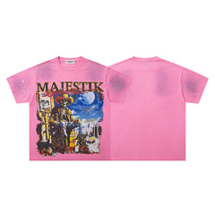 MAJESTIK Distressed Pink Cowboy Graphic T-Shirt Unisex Acid Wash Sun-Faded Western Gothic Oversized Streetwear Short Sleeve Top