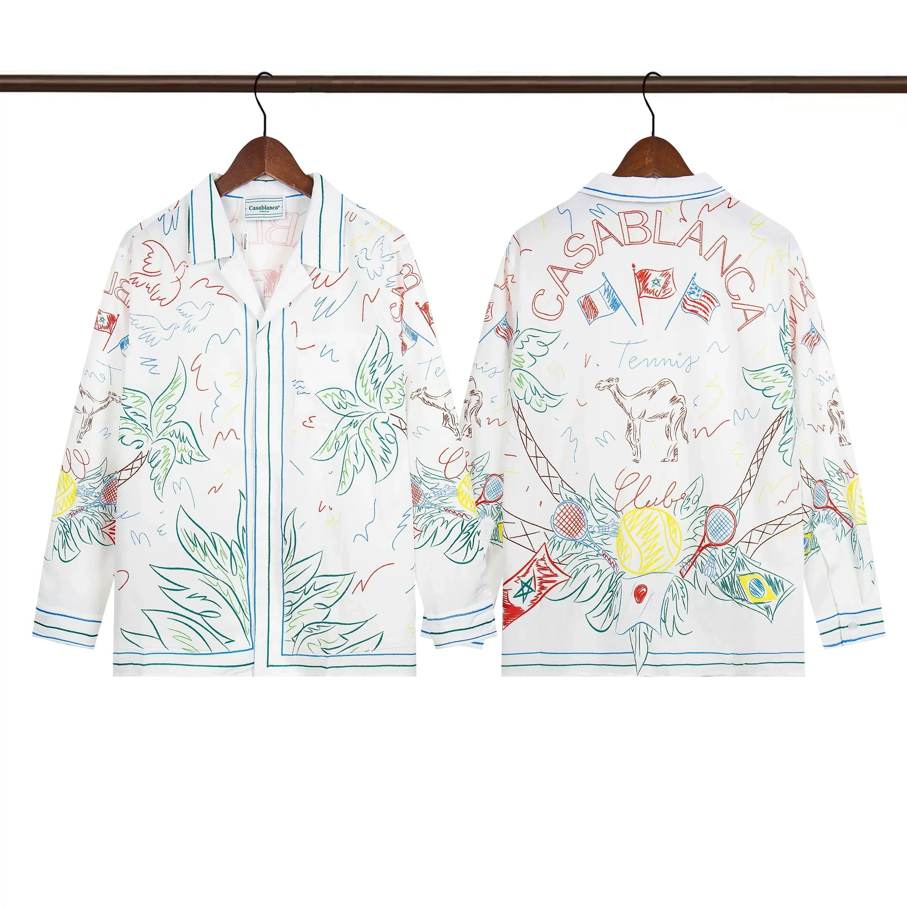 Casablanca Sketch Palm & Crest Silk-Style Shirt - White
