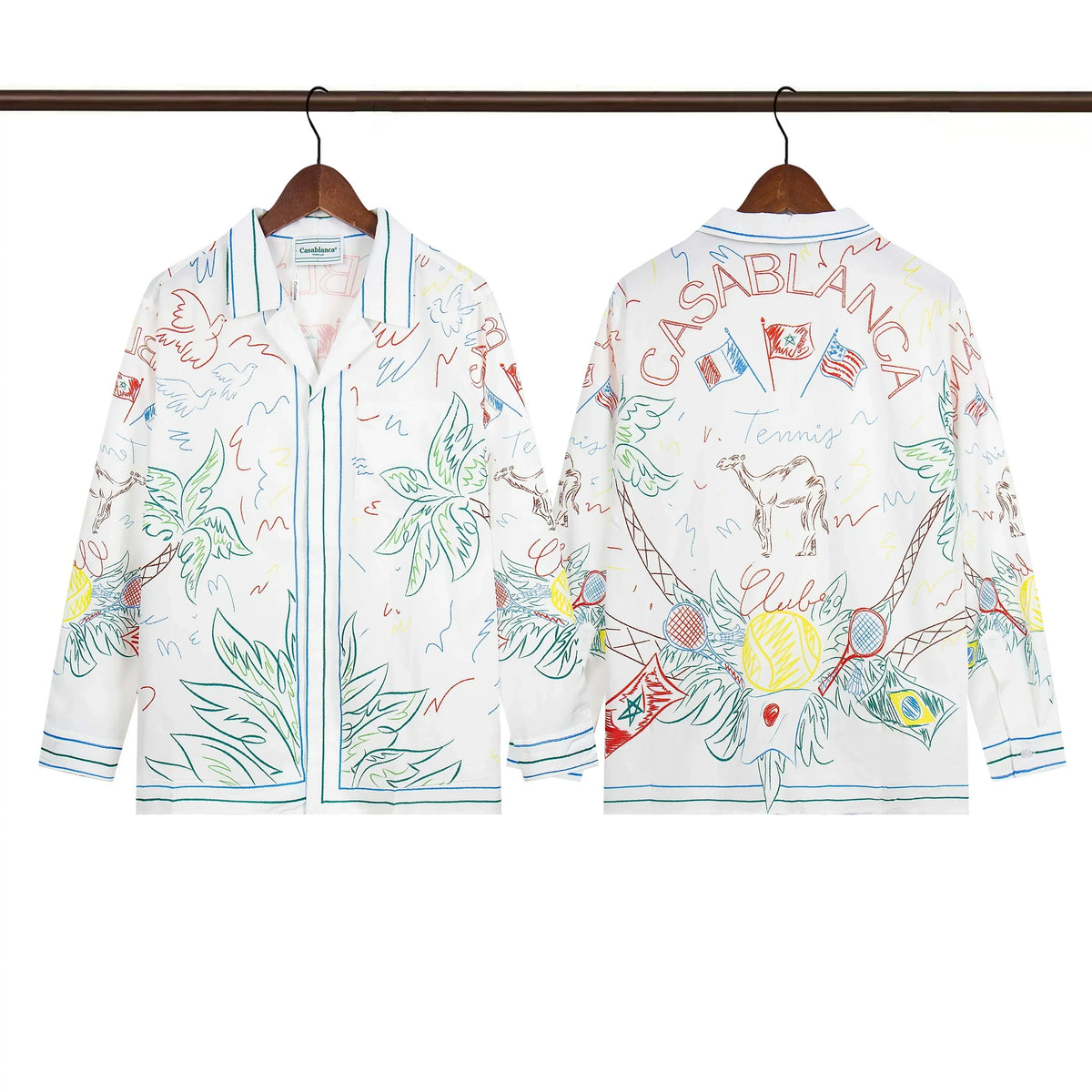 Casablanca Sketch Palm & Crest Silk-Style Shirt - White