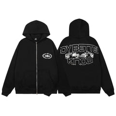 Black Graphic Zip-Up Hoodie | Streetwear Hoodie with Bold Back Lettering Design