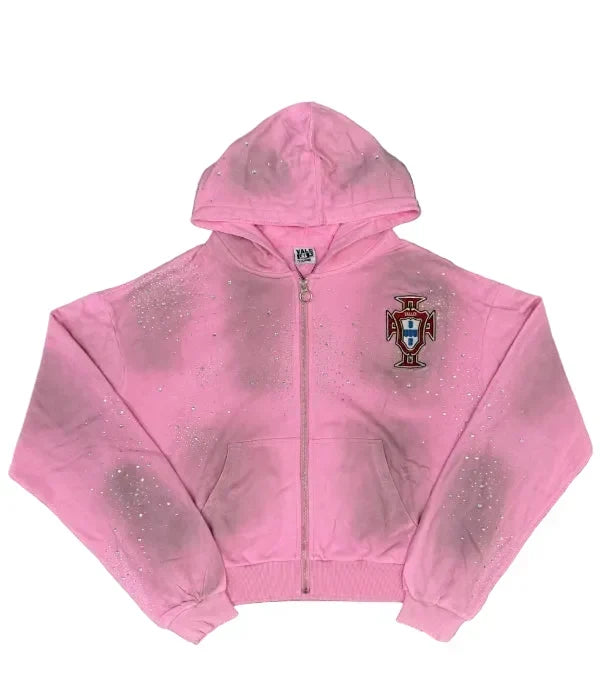 Cross‑Emblem Rhinestone Cropped Zip‑Up Hoodie, Unisex Pink Y2K Streetwear Jacket
