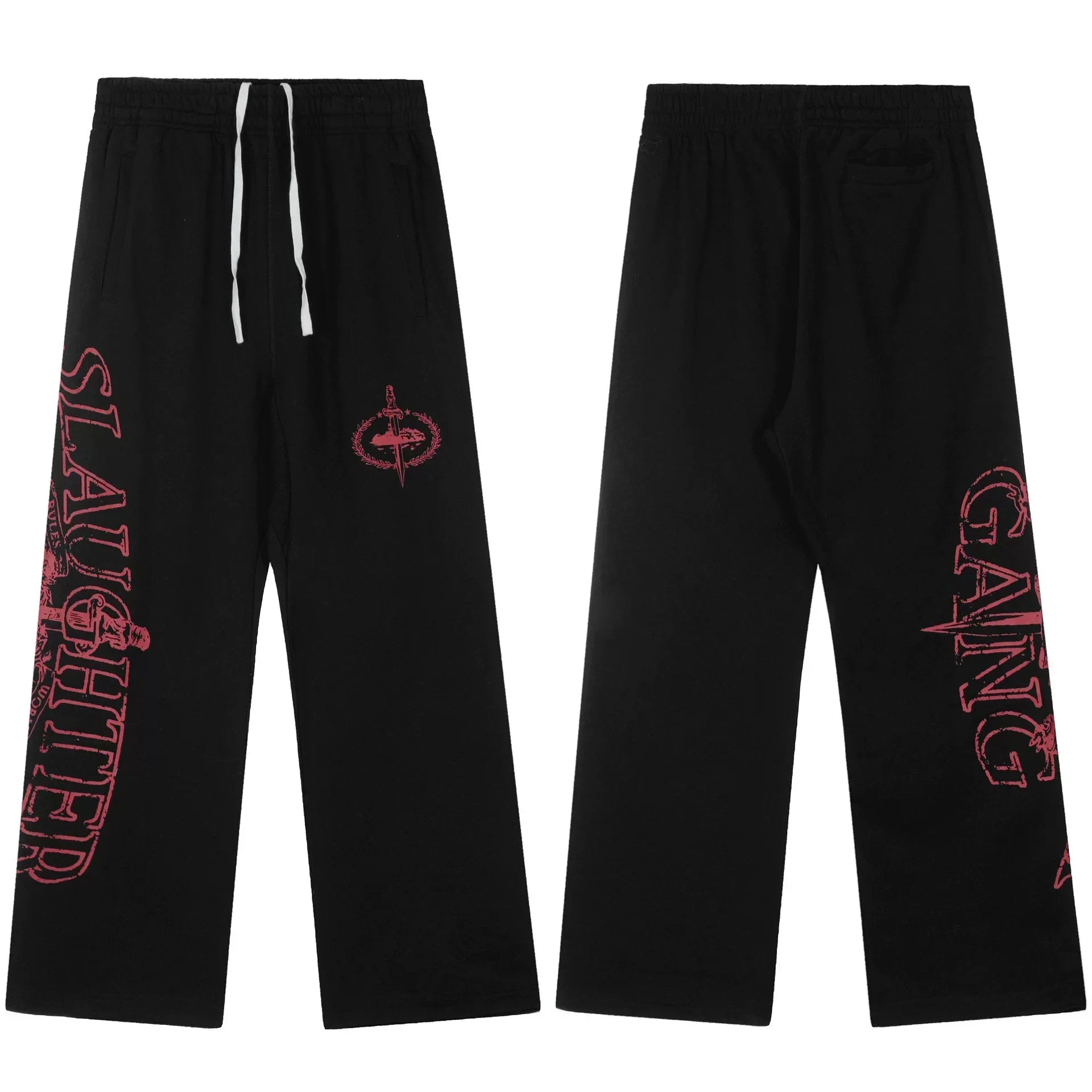 Black Graphic Straight-Leg Sweatpants | Red Letter Streetwear Pants with Side Print Detail