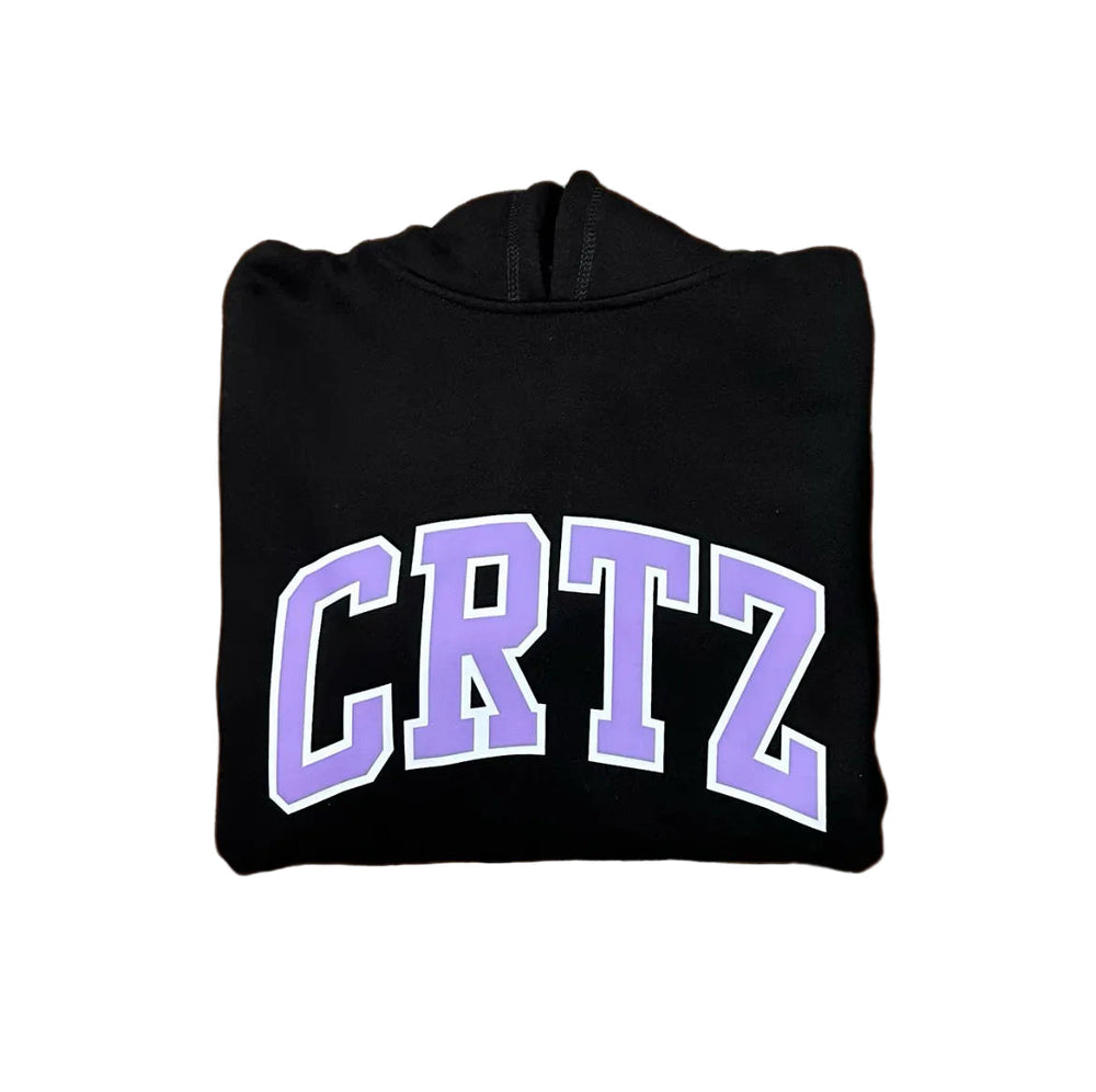 Title: Corteiz “CRTZ” Black Hoodie — Bold Purple Lettering on Classic Streetwear Silhouette