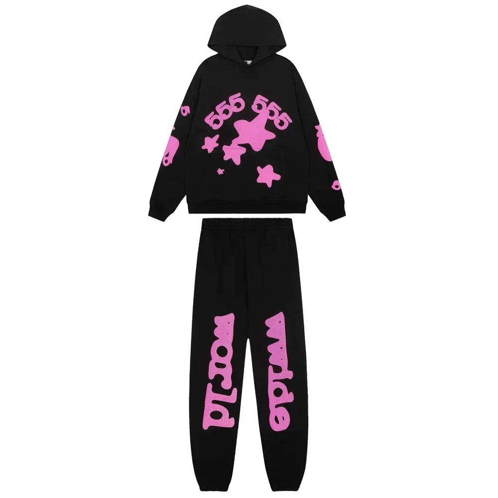 Sp5der Black Hoodie & Pants Set with Pink Stars