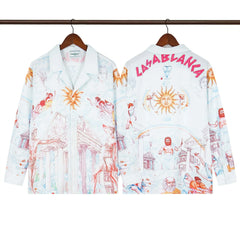 Casablanca Sun & Architectural Line-Art Silk-Style Shirt - White / Red