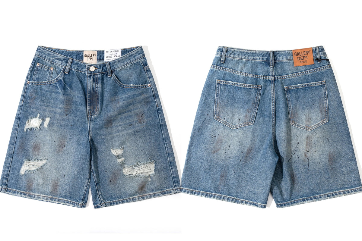 Gallery Dept. Distressed Paint Splatter Denim Shorts - Medium Blue