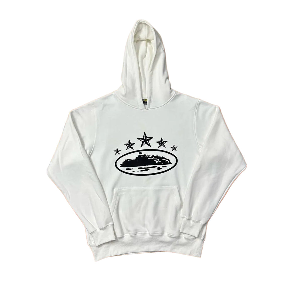 White Vintage Star Graphic Hoodie – Oversized Streetwear Pullover Sweatshirt