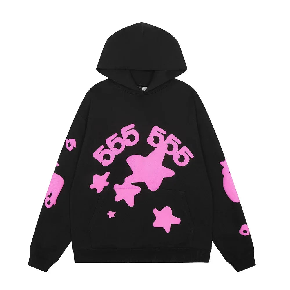Sp5der Black Pullover Hoodie with Neon Pink "565" and Star Graphics