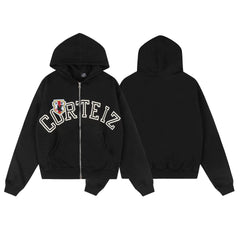 Black Graphic Zip-Up Hoodie | Streetwear Hoodie with Bold Front Lettering Design