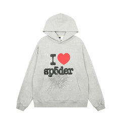 Sp5der "I Sp5der" Heart Graphic Pullover Hoodie - Grey