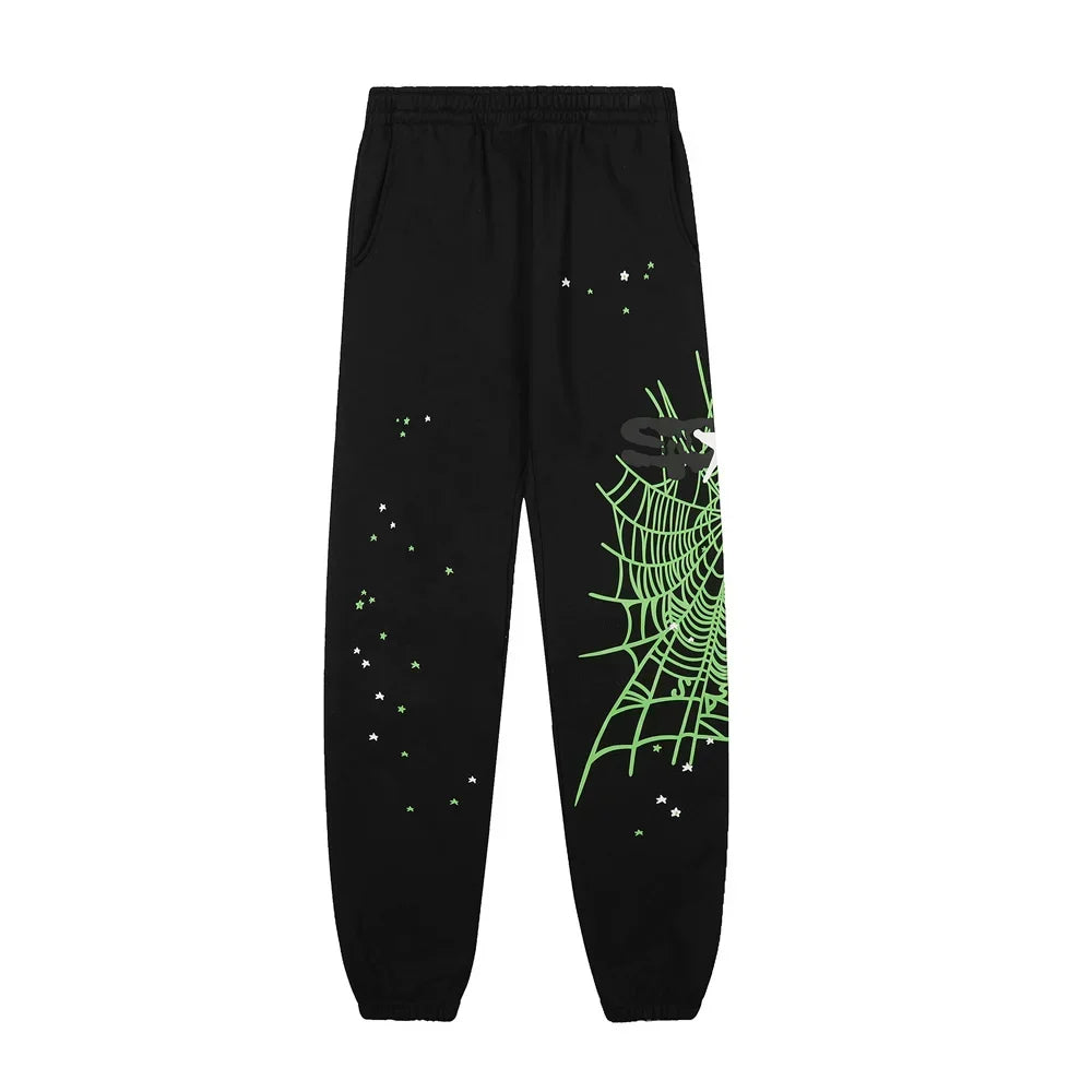 Sp5der Black Sweatpants with Neon Green Web Graphic