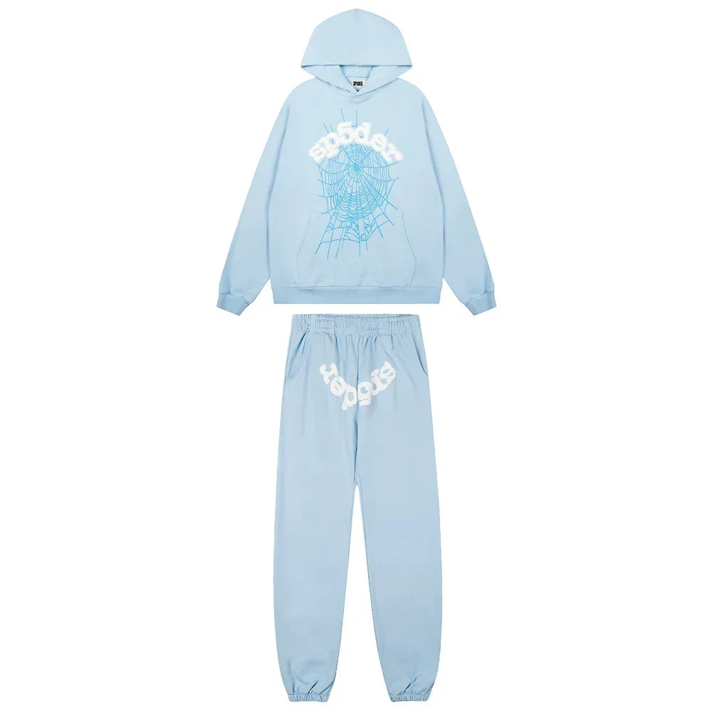 Sp5der Graphic Splash Hoodie & Sweatpants Set - Light Blue