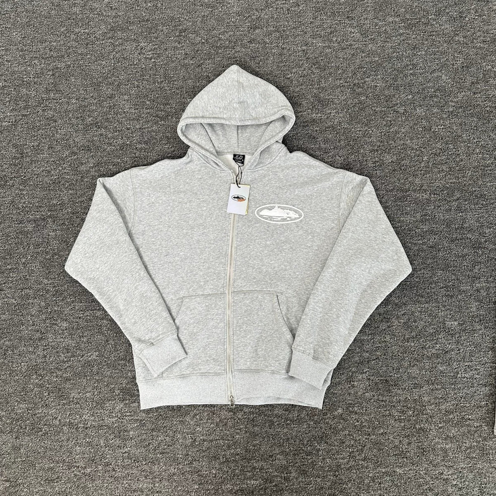 Light Grey Zip-Up Hoodie | Minimalist Streetwear Hoodie with Embroidered Logo Detail