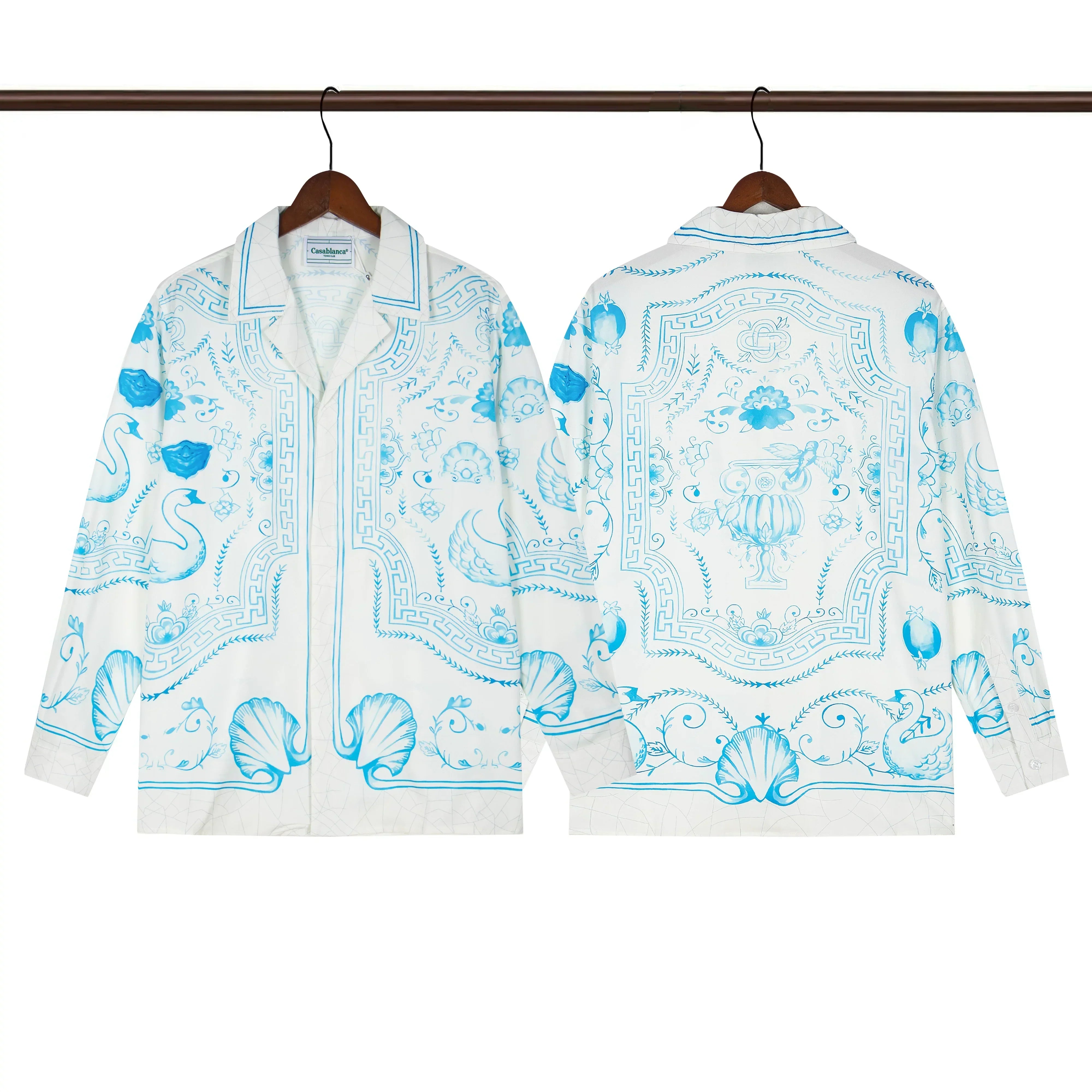 Casablanca Monogram Tile Silk-Style Shirt - Light Blue / White