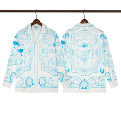 Casablanca Monogram Tile Silk-Style Shirt - Light Blue / White