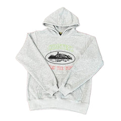 Corteiz “Alcatraz” Heather Grey Hoodie — Vintage Island Graphic on Oversized Streetwear Pullover