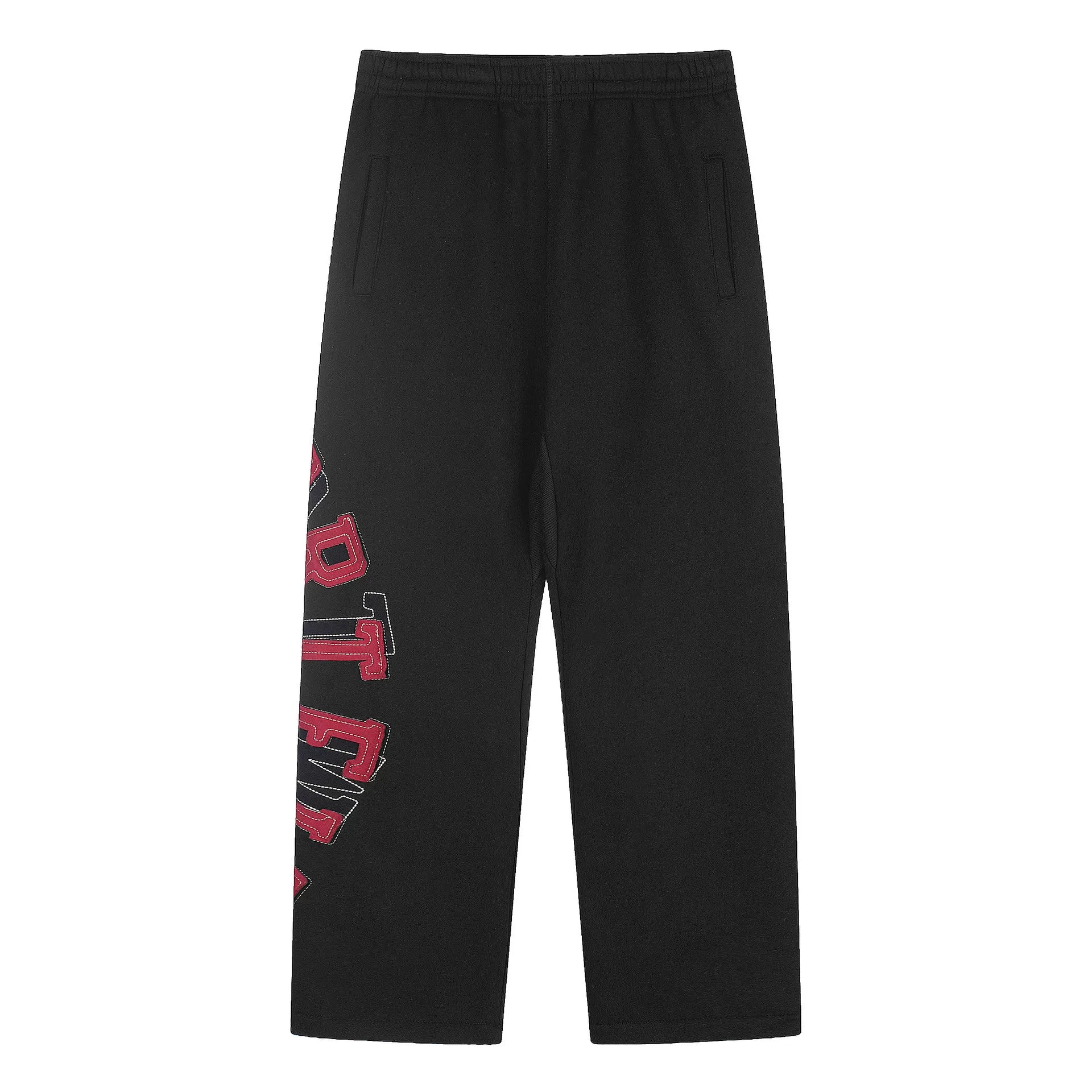 Black Graphic Straight-Leg Sweatpants | Minimalist Streetwear Pants with Red Side Print Detail