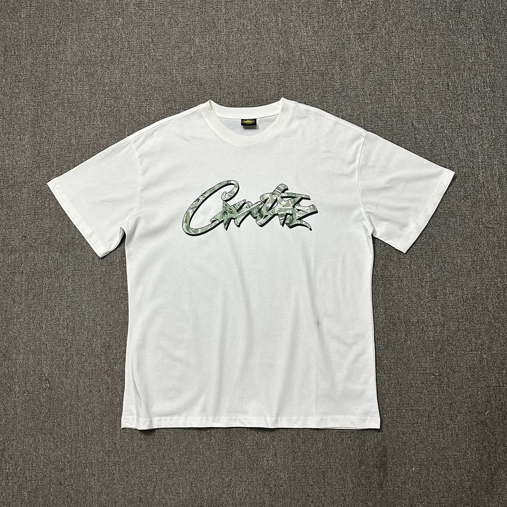 Corteiz Graffiti Script Logo White T-Shirt — Bold Streetwear Tee with Signature Handstyle Print