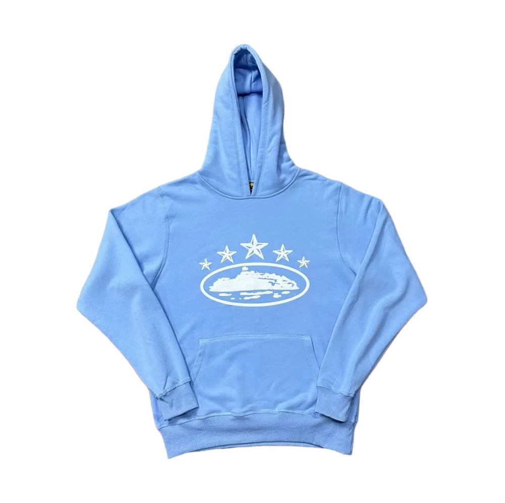 Sky Blue Vintage Star Graphic Hoodie – Oversized Streetwear Pullover Sweatshirt