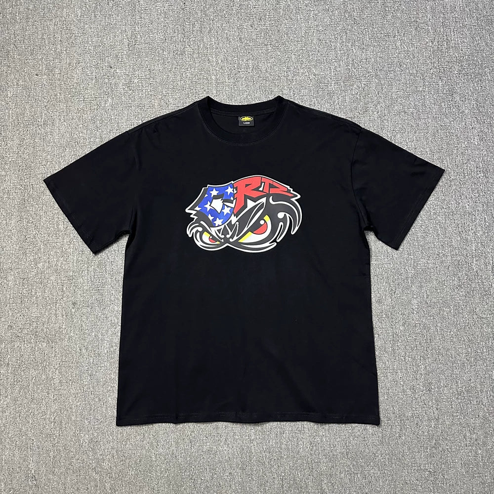 Corteiz Eagle Eye Graphic Black T-Shirt — Patriotic Streetwear Tee with Bold Motorcycle Print