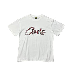 Corteiz Flame Script Logo White T-Shirt — Bold Streetwear Tee with Fiery Handstyle Print
