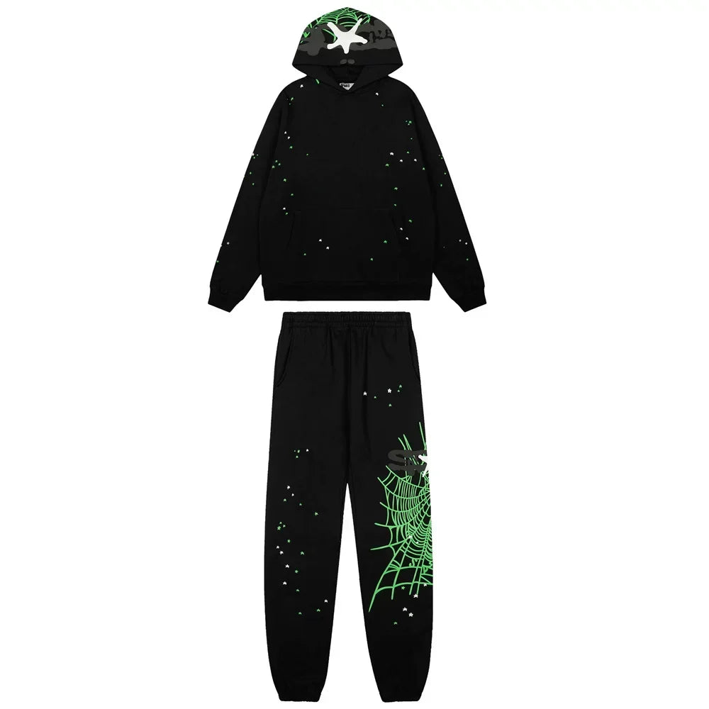 Sp5der Neon Web Glow Tracksuit - Black/Green