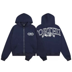 Navy Blue Graphic Zip-Up Hoodie | Streetwear Hoodie with Oversized Back Logo Design