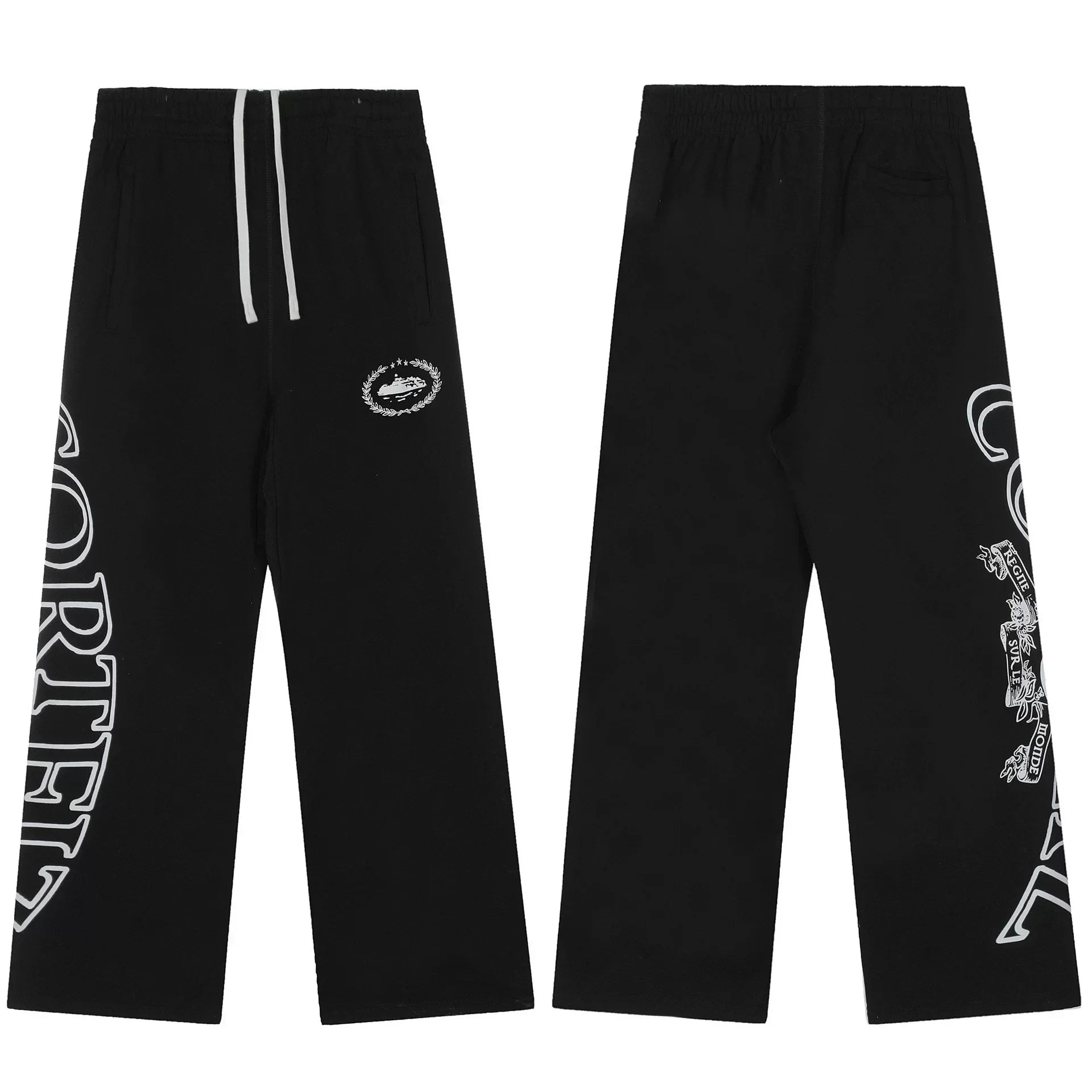 Black Graphic Straight-Leg Sweatpants | Urban Streetwear Pants with Side Print Detail