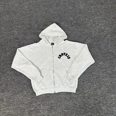 White Zip-Up Hoodie | Minimalist Streetwear Hoodie with Curved Logo Detail