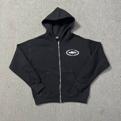 Black Zip-Up Hoodie | Minimalist Streetwear Hoodie with Embroidered Logo Detail